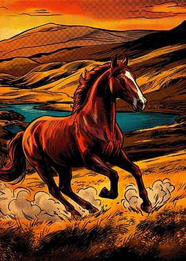 Horse Sunset Retro Comic Art
