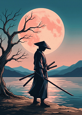 Samurai Warrior Red Moon Japanese Landscape Vector Illustration Minimalist Art