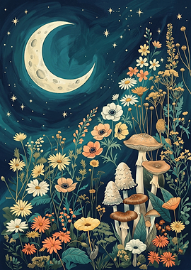 Crescent Moon And Wildflower Mushrooms Nature Space Digital Painting Illustration Art