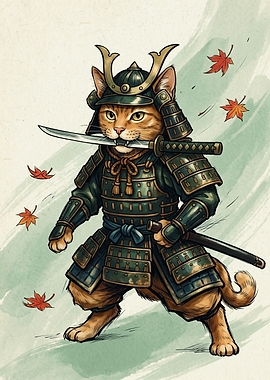Samurai Cat Japanese Watercolor Art Warrior Animal Fall Maple Leaves Aesthetic Poster