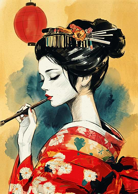 Geisha Kimono Japanese Watercolor Art Red Lantern Floral Hairpin Aesthetic Wall Poster