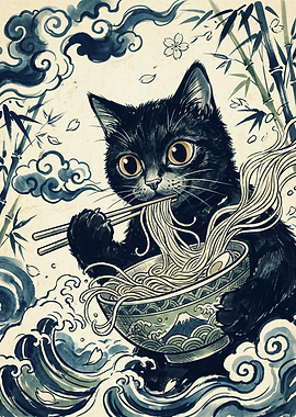 Black Cat Eating Ramen Japanese Ukiyo E Art Print Noodles Bowl Bamboo Forest Poster