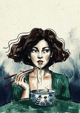 Woman Eating Noodles Food Art Sketch Illustration