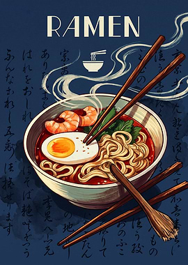 Japanese Ramen Noodle Bowl Vintage Retro Art Print Noodles Foodie Kitchen Wall Decor