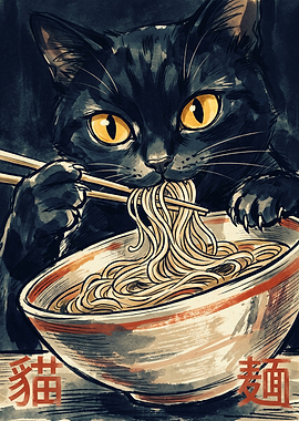Black Cat Eating Ramen Noodles Japanese Ink Wash Art Cute Animal Kitchen Poster
