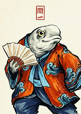 Samurai Fish Ukiyo E Art Japanese Woodblock Print Traditional Animal Warrior Poster