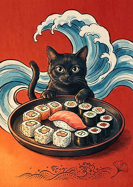 Black Cat With Sushi Plate Japanese Wave Art Ukiyo-e Style