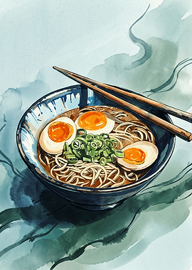 Japanese Ramen Bowl Food Watercolor Art