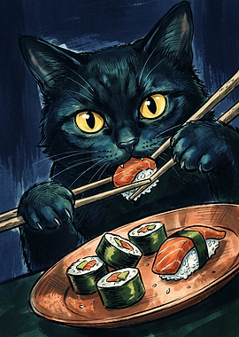 Black Cat Sushi Comic Art Print Cute Animal Eating Japanese Food Illustration Poster