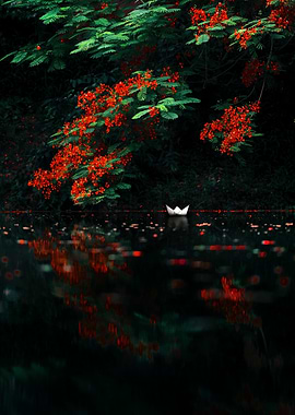 Paper Boat Under Flowering Tree