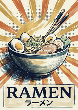 Japanese Ramen Bowl Retro Art Print Noodles Chopsticks Rising Sun Food Poster