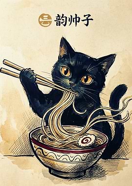 Black Cat Ramen Japanese Ink Art Eating Noodles Vintage Asian Foodie Aesthetic Poster