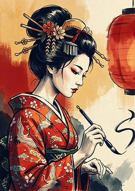 Geisha Kimono Japanese Calligraphy Painting Art Red Lantern Crane Bird Aesthetic Poster