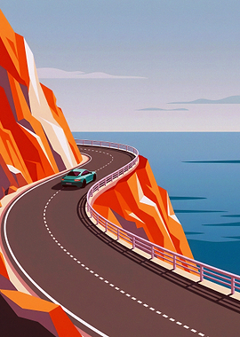 Teal Sports Car on Coastal Road