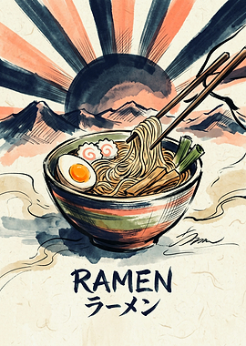 Ramen Bowl Japanese Watercolor Art Chopsticks Mountain Sun Aesthetic Food Poster