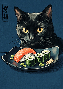 Black Cat Sushi Japanese Anime Ukiyo E Art Print Cute Kitty Asian Food Poster
