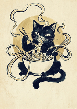 Black Cat Eating Ramen Noodles Ink Sketch Art Japanese Foodie Cute Animal Lover Poster