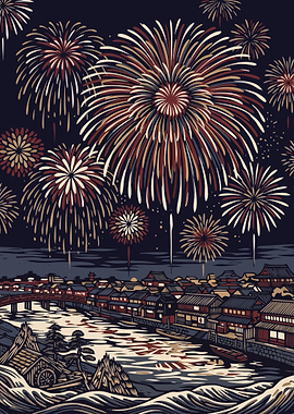 Traditional Japanese Town Fireworks Celebration