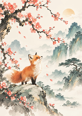 Fox Under Cherry Blossom Tree