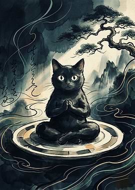 Meditating Black Cat Asian Zen Style Watercolor Art