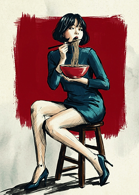 Woman Eating Noodles Food Anime Art Print