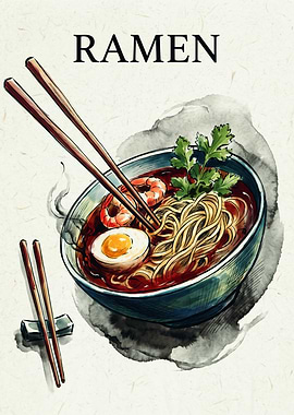 Shrimp Ramen Japanese Watercolor Art Noodle Bowl Food Kitchen Decor Poster