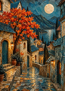 Moonlit Mediterranean Village Street Scene