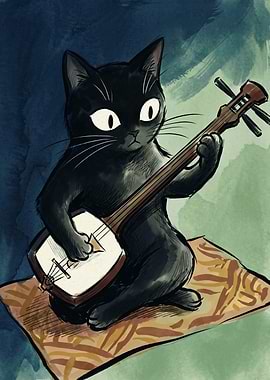Black Cat Playing Shamisen Musical Instrument Watercolor Art