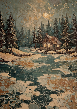 Moonlit Winter Cabin Beside Swirling Forest River