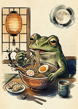 Frog Ramen Japanese Ukiyo E Art Print Noodles Bowl Lantern Full Moon Cute Poster
