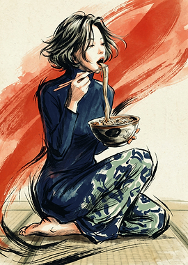 Woman Eating Noodles Japanese Food Asian Art Style Ink Brush Illustration