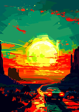 Retro Desert Road Trip Sunset