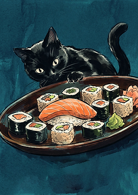 Black Cat Sushi Japanese Food Illustration Comic Art Print Cute Kitty Dinner Poster