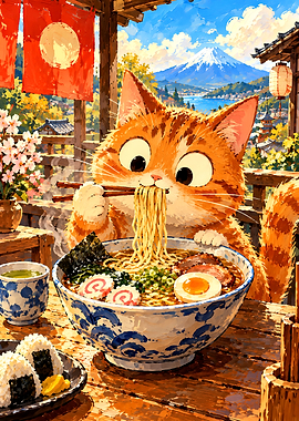 Cute Cat Eating Ramen by Fuji