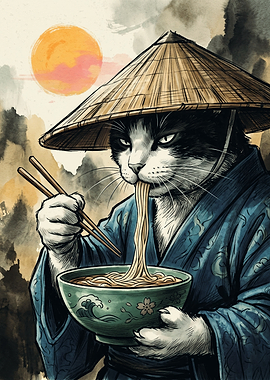 Cat Eating Ramen Noodles Asian Art Japanese Vintage Watercolor Painting