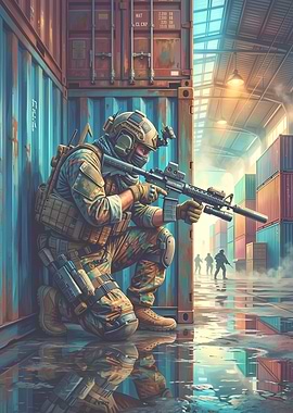 Soldier crouching behind shipping containers