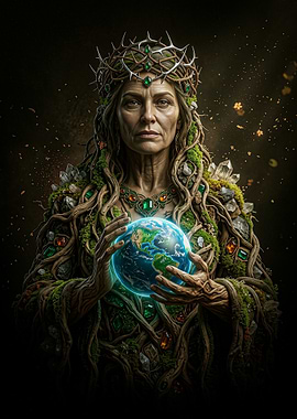 Gaia, Geia, or Ge, Mother Earth Goddess holding the planet.