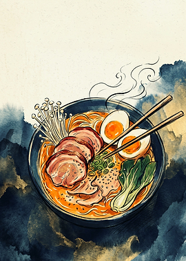Delicious Japanese Ramen Noodle Bowl Food Art Watercolor Illustration