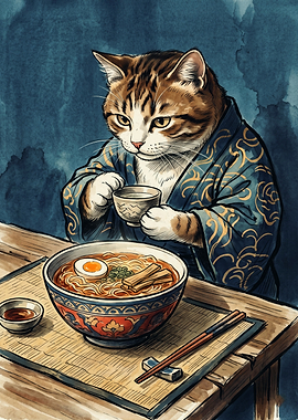 Cat Kimono Japanese Watercolor Art Ramen Bowl Dining Cute Animal Aesthetic Wall Poster