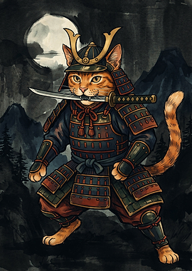 Samurai Cat Japanese Watercolor Art Warrior Kitten Full Moon Mountain Night View Poster