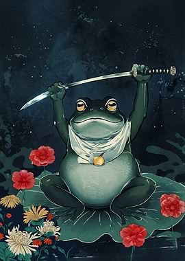 Samurai Frog Katana Sword Japanese Watercolor Art Red Flowers Night Sky Aesthetic Poster