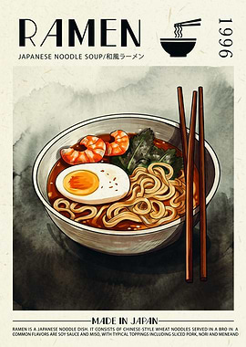 Ramen Japanese Noodle Soup Retro Watercolor Art Print Vintage Food Poster Kitchen Decor