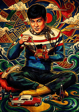 Retro Asian Man Fixing Toy Car