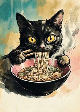 Black Cat Eating Ramen Watercolor Art Cute Japanese Noodle Lover Poster Print
