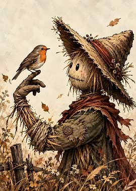 Scarecrow and Robin Autumn Scene