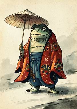 Samurai Frog Kimono Japanese Watercolor Art Umbrella Traditional Animal Ukiyo E Print