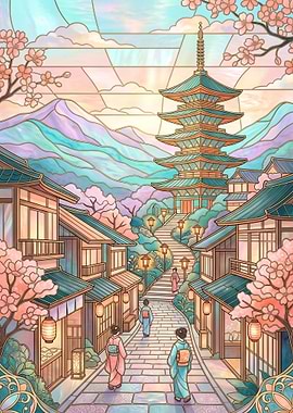 Stained Glass Japanese Temple Street Scene