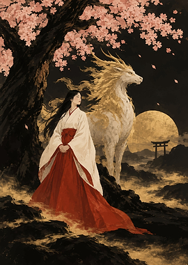 Woman and Mythical Kirin Under Sakura