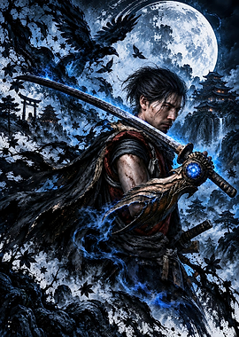 Samurai Warrior Under Full Moon