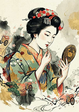 Japanese Geisha Applying Makeup Asian Art Watercolor Painting